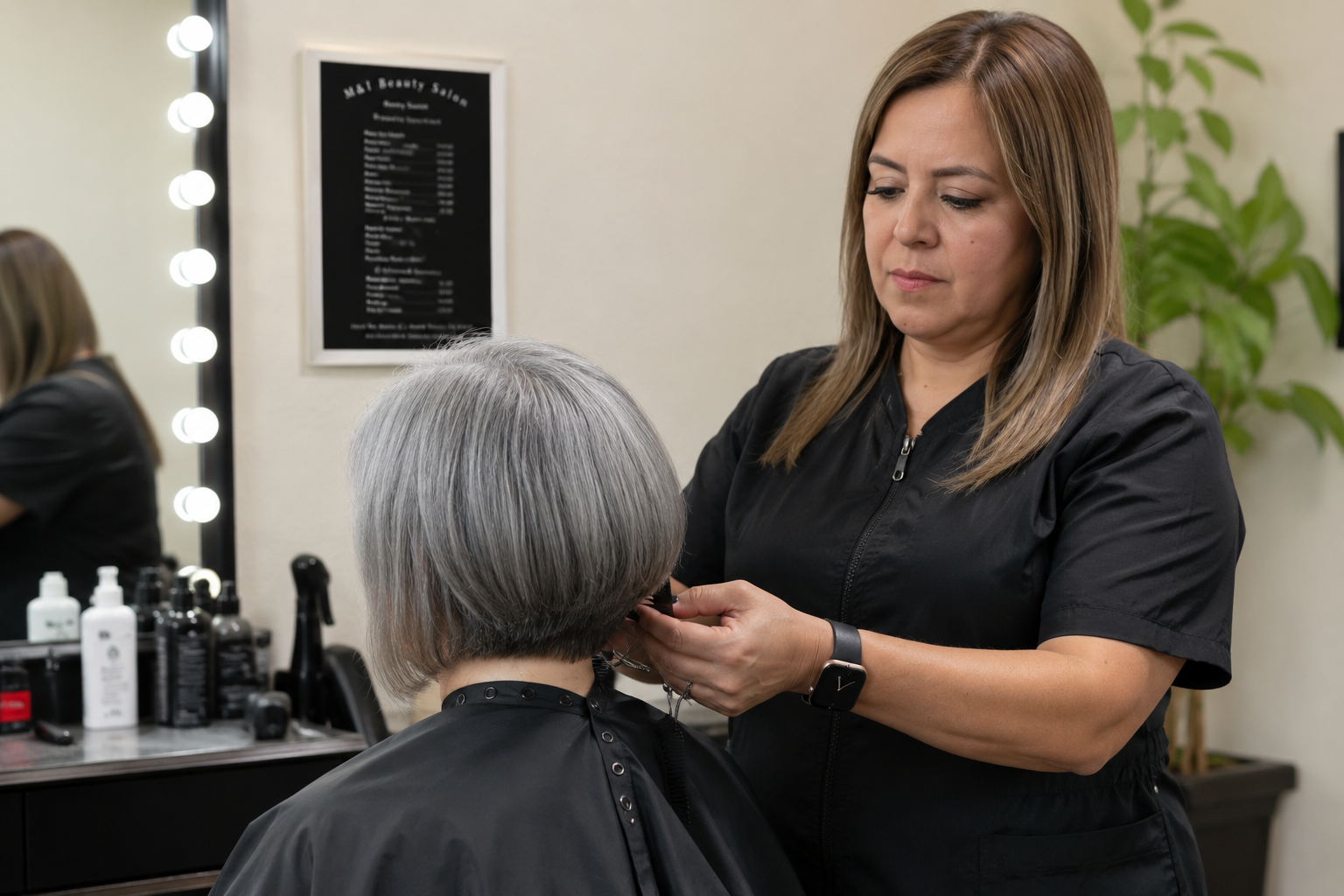 Owner of M&J Beauty Salon styling a client's hair